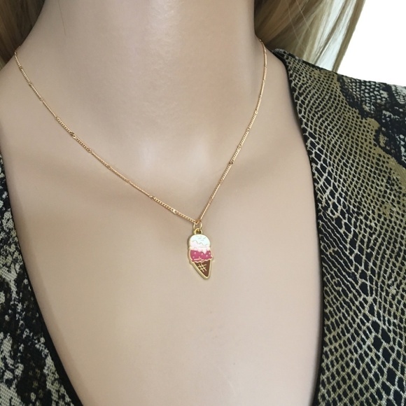 GOLD Plated Chain Necklace with Ice Cream Cone Pendant Hand Crafted - Picture 2 of 5